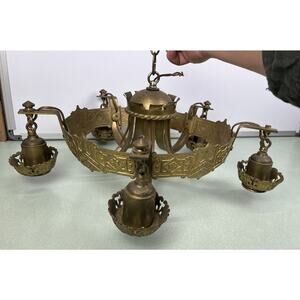 Vintage Brass Cast Chandelier Metal 5 Light Hanging Antique Ornate Decor